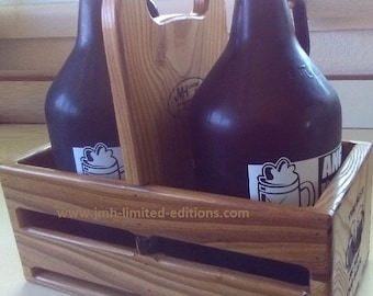 Beer Growler / Bottle Tote Carrier - Wood - Fits 2 Beer Jugs - Laser Engraved - Custom - Hand Made Fun Micro Craft Brew Gift