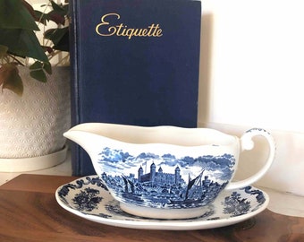 Blue and White Transferware Gravy Boat with Underplate, Royal Homes of Britain pattern by Enoch Wedgwood, Made in England