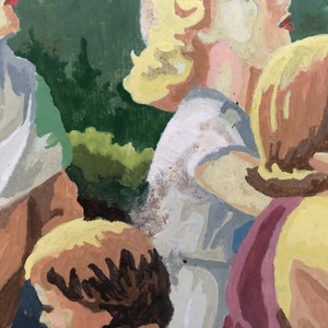 Peut inclure: Une peinture repr&eacute;sentant un groupe de personnes aux cheveux et aux v&ecirc;tements de diff&eacute;rentes couleurs. Les personnes sont debout, serr&eacute;es les unes contre les autres, et regardent vers le haut. L'arri&egrave;re-plan est une for&ecirc;t verte.
