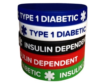 5-Pack Type 1 Diabetes Medical Alert Silicone Bracelets – Insulin Dependent – Adult Size 7.8" / 20 cm Waterproof ID Wristbands for Men Women