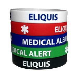 Eliquis Medical Alert Bracelets – 5 Waterproof Silicone Wristbands 7.8" or 20 cm Blood Thinner Awareness – Unisex Adult Safety ID Bands
