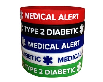 5-Pack Type 2 Diabetes Medical Alert Silicone Bracelets – Adult Size 7.8" / 20 cm – Waterproof Wristbands for Men & Women – Diabetic ID Band