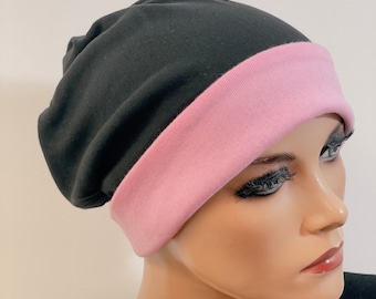 2in1 Wendebeanie/Mütze schwarz pink  weich warm  bequem  Chemotherapie Krebs  Chemokopftuch Mütze  Chemomütze