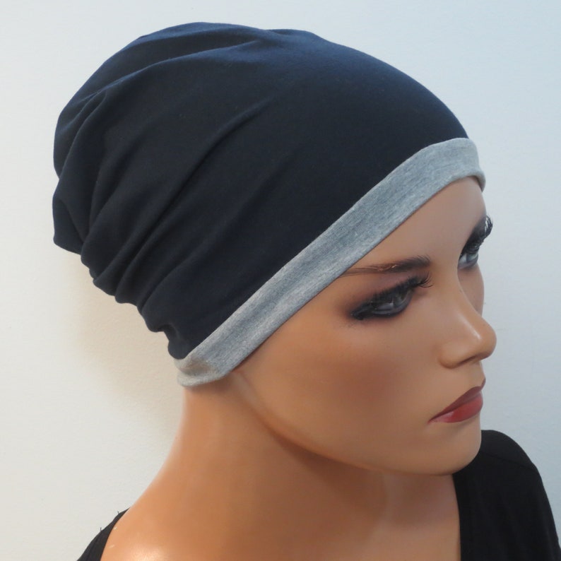 WENDEBEANIE MÜTZE 2in1 beidseitig tragbar dunkelblau grau Chemo Mütze