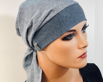 Kopftuch-Mütze leichtes  Sommerleinen  jeansblau ideale Kopfbedeckung Chemotherapie, Chemomütze, Chemotuch, Chemokopfbedeckung, Turban,