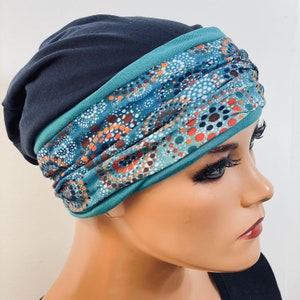 3-tlg. Set BEANIE 2 Stirnbänder dunkelblau Chemotherapie, Haarausfall, Alopezie, Turban, Chemomütze, Kopfbedeckung Krebs, Cancer, Bild 1