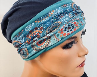 3 pcs. Set BEANIE+ 2 headbands dark blue chemotherapy, hair loss, alopecia, turban, chemo cap, headgear cancer,