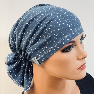 BANDANA ohne binden WUNSCHFARBEpraktisch bequem CHEMOMÜTZE Kopfbedeckung Krebs Chemotherapie Turban Kopftuch Cancer Krebs jeansblau Striche