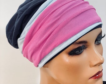 3-tlg. Set BEANIE+ 2 Stirnbänder blau pink   Chemotherapie, Haarausfall, Alopezie, Turban, Chemomütze, Kopfbedeckung Krebs, Cancer,