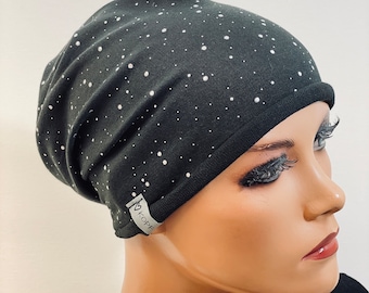 BASIC-BEANIE/MÜTZE schwarz silber  bequem  Chemotherapie, Chemo, Chemokopftuch, Mütze, Cabriomütze, Chemomütze, Chemokopfbedeckung,