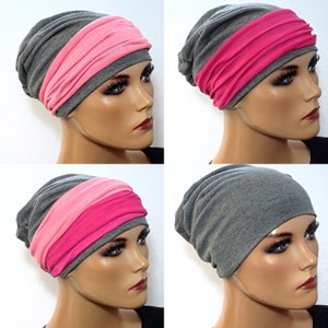 3-piece set BEANIE+ 2 headbands grey pink rose chemotherapy, hair loss, alopecia, turban, chemo hat, headgear cancer, cancer,
