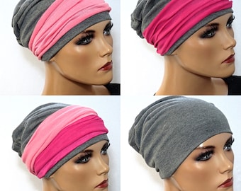 3-tlg. Set BEANIE+ 2 Stirnbänder grau pink rose Chemotherapie, Haarausfall, Alopezie, Turban, Chemomütze, Kopfbedeckung Krebs, Cancer,