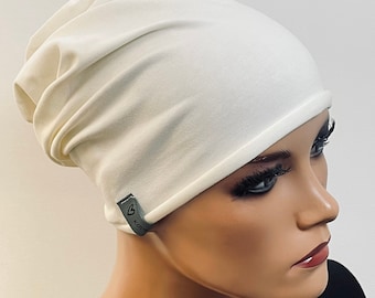 BASIC-BEANIE/MÜTZE  offwhite Jersey mit   Rollsaum  bequem  Chemotherapie Krebs  Chemokopftuch Mütze Cabriomütze Sommerbeanie