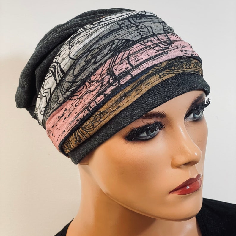 2-tlg. Set BEANIE Multifunktionstuch grau bunt Chemotherapie, Haarausfall, Alopezie, Turban, Chemomütze, Kopfbedeckung Krebs, Cancer, Bild 1