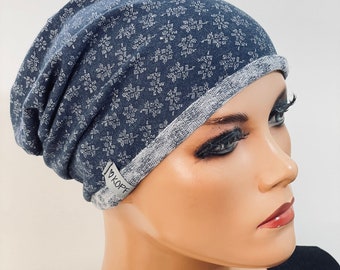 BASIC-BEANIE/MÜTZE jeansblau Jersey mit   Rollsaum  bequem  Chemotherapie Krebs  Chemokopftuch Mütze Cabriomütze Sommerbeanie