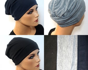 3-tlg. Basic-Set BEANIE/MÜTZE schwarz grau blau, ideal zum Kombinieren mit Bändern oder Tüchern, Chemo Kopfbedeckung Mütze Krebs, Beanie