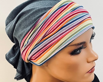 2-tlg. Set Mütze + Band jeansblau bunt ohne binden  Chemotherapie Chemokopfbedeckung Krebs Chemomütze Chemotuch Turban Sport