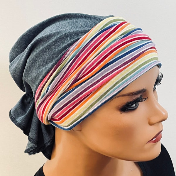 2-tlg. Set Mütze + Band jeansblau bunt ohne binden  Chemotherapie Chemokopfbedeckung Krebs Chemomütze Chemotuch Turban Sport