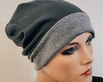 2in1 Wendebeanie/Mütze schwarz grau   weich warm  bequem  Chemotherapie Krebs  Chemokopftuch Mütze  Chemomütze