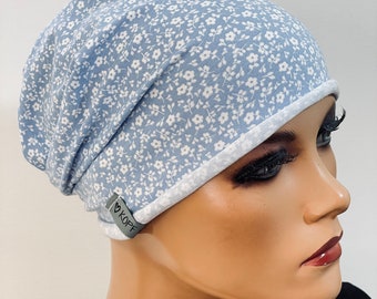 BASIC-BEANIE/MÜTZE hellblau Jersey mit   Rollsaum  bequem  Chemotherapie Krebs  Chemokopftuch Mütze Cabriomütze Sommerbeanie