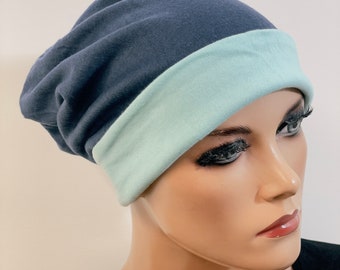 2in1 Wendebeanie/Mütze dunkelblau türkis  weich warm  bequem  Chemotherapie Krebs  Chemokopftuch Mütze  Chemomütze