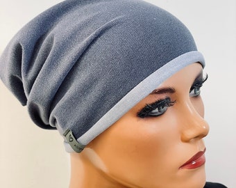 BASIC-BEANIE/MÜTZE  blau  Jersey sehr  leicht  Rollsaum  bequem  Chemotherapie Krebs Chemo Chemokopftuch Mütze Cabriomütze Sommerbeanie