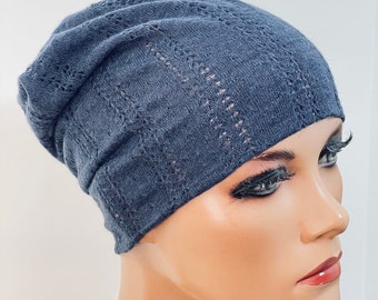 BASIC-BEANIE/MÜTZE  blau  Sommerstrick sehr  leicht    bequem  Chemotherapie  Chemo Chemokopftuch Mütze Cabriomütze Sommerbeanie