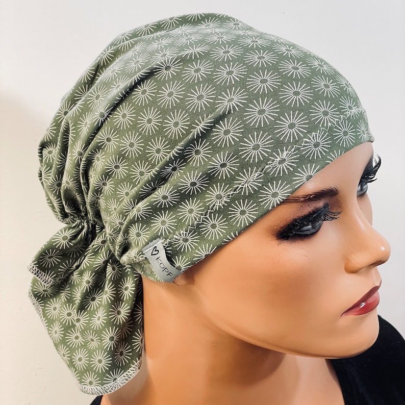 BANDANA ohne binden WUNSCHFARBEpraktisch bequem CHEMOMÜTZE Kopfbedeckung Krebs Chemotherapie Turban Kopftuch Cancer Krebs khaki weiß