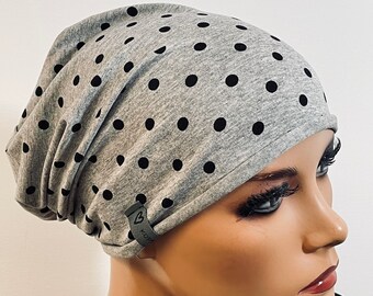 BASIC-BEANIE/MÜTZE  getupft Jersey mit   Rollsaum  bequem  Chemotherapie Krebs  Chemokopftuch Mütze Cabriomütze Sommerbeanie