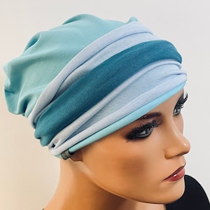 3 pcs. Set BEANIE+ 2 headbands turquoise blue chemotherapy, hair loss, alopecia, turban, chemo hat, headgear cancer, cancer,