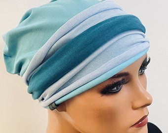 3-tlg. Set BEANIE+ 2 Stirnbänder türkis blau  Chemotherapie, Haarausfall, Alopezie, Turban, Chemomütze, Kopfbedeckung Krebs, Cancer,