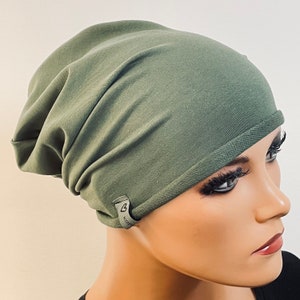 BASIC BEANIE/HAT khaki cotton jersey rolled hem comfortable chemotherapy cancer chemo headscarf hat convertible hat chemo hat