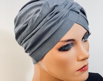 Turban Mütze Beanie grau Chemotherapie  Chemo Chemokopftuch Mütze Cabriomütze Sommerbeanie Chemomütze Kopfbedeckung Krebs