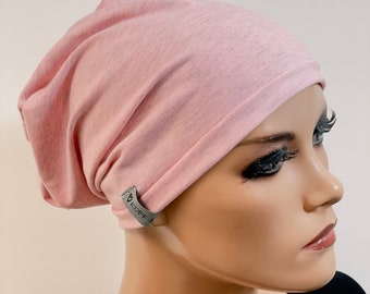 BASIC-BEANIE/MÜTZE  rosé Jersey sehr  leicht  Rollsaum  bequem  Chemotherapie Krebs Chemo Chemokopftuch Mütze Cabriomütze