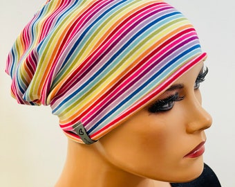 BEANIE/MÜTZE bunt gestreift Jersey  bequem  Chemotherapie  Chemo Chemokopftuch Mütze Cabriomütze Sommerbeanie Chemomütze Kopfbedeckung Krebs