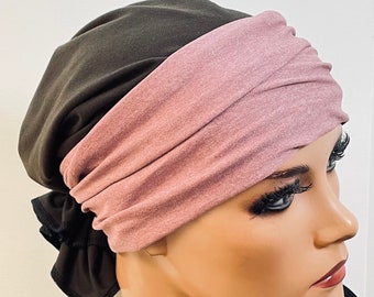 2-tlg. Set Mütze + Band braun rosé ohne binden  Chemotherapie Chemokopfbedeckung Krebs Chemomütze Chemotuch Turban Sport