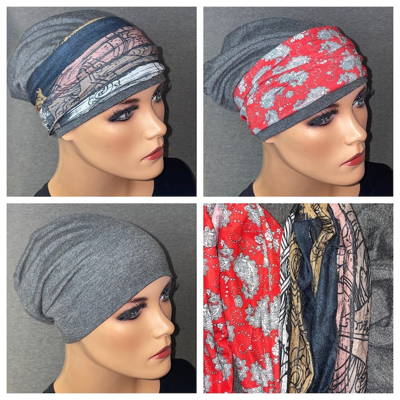 3-tlg. Set BEANIE 2 Stirnbänder grau BESTSELLERChemotherapie, Haarausfall, Alopezie, Turban, Chemomütze, Kopfbedeckung Krebs, Cancer, Bild 1