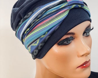 2-tlg. Set BEANIE dunkelblau + Stirnband Chemotherapie, Haarausfall, Alopezie, Turban, Chemomütze, Kopfbedeckung Krebs, Cancer,