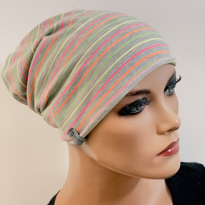 BASIC-BEANIE/MÜTZE wählbar ein oder doppellagig bunt gestreift Jersey Rollsaum bequem Chemotherapie Mütze Cabriomütze Chemomütze Bild 1