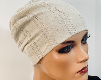 BASIC-BEANIE/MÜTZE  creme Sommerstrick sehr  leicht    bequem  Chemotherapie  Chemo Chemokopftuch Mütze Cabriomütze Sommerbeanie