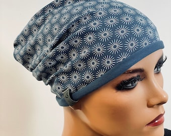 BASIC-BEANIE/MÜTZE  blau Jersey mit   Rollsaum  bequem  Chemotherapie Krebs  Chemokopftuch Mütze Cabriomütze Sommerbeanie