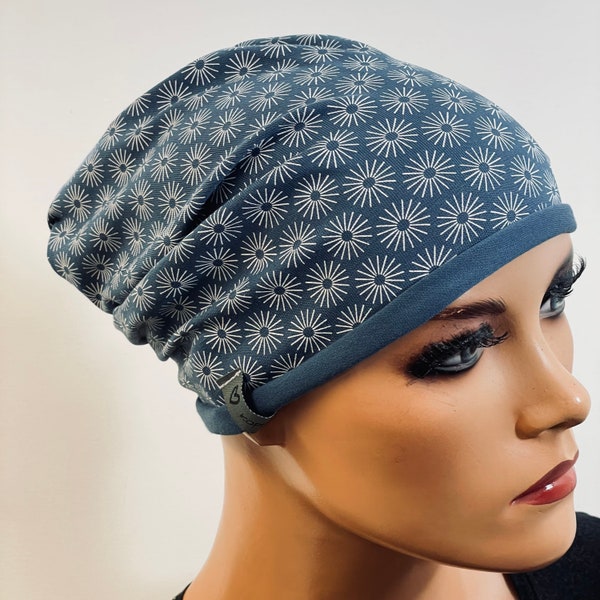 BASIC-BEANIE/MÜTZE  blau Jersey mit   Rollsaum  bequem  Chemotherapie Krebs  Chemokopftuch Mütze Cabriomütze Sommerbeanie