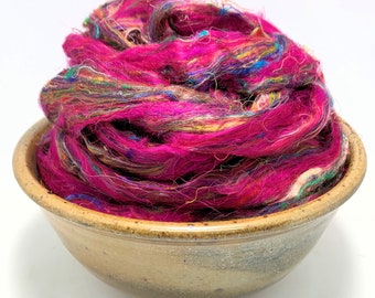 Magenta Multi - Sari Silk, Top, Roving, Spinning, Felting, 1 oz