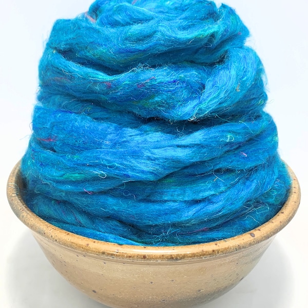 Bright Peacock - Sari Silk, Top, Roving, Spinning, Felting, 1 oz