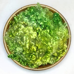 May include: A ceramic bowl filled with vibrant green wool roving. The wool is a mix of light and dark shades of green, creating a textured, curly appearance. The bowl has a brown rim and sits on a white surface.
