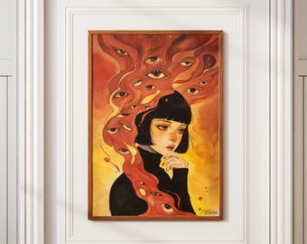 Surrealistische vrouw kunstafdruk I abstracte psychedelische illustratie I digitale download portret
