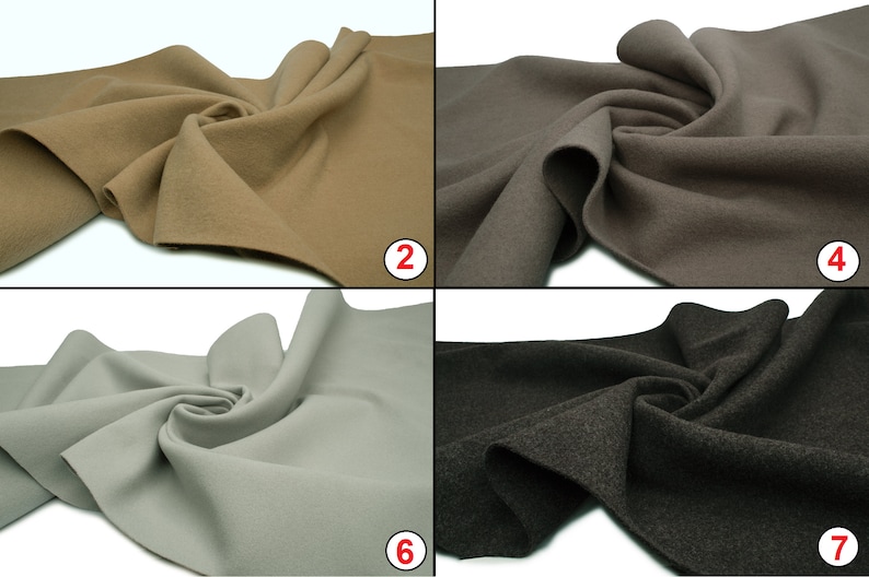 May include: Four fabric swatches in different colors: beige, brown, light gray, and dark gray. The fabric is a soft, nubby texture.