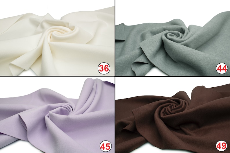 May include: Four fabric swatches in different colors: white, light blue, lavender, and brown. Each swatch is folded and arranged in a spiral shape. The numbers 36, 44, 45, and 49 are printed on the bottom right corner of each swatch.