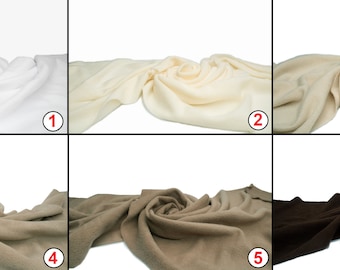 May include: Six different colors of fabric swatches, arranged in two rows of three. The colors are white, off-white, beige, light brown, brown, and dark brown.