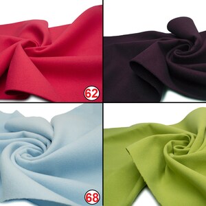 May include: Four fabric swatches in different colors: red, purple, light blue, and green. The swatches are folded and arranged in a grid pattern. Each swatch has a number printed on it: 62, 65, 68, and 69.
